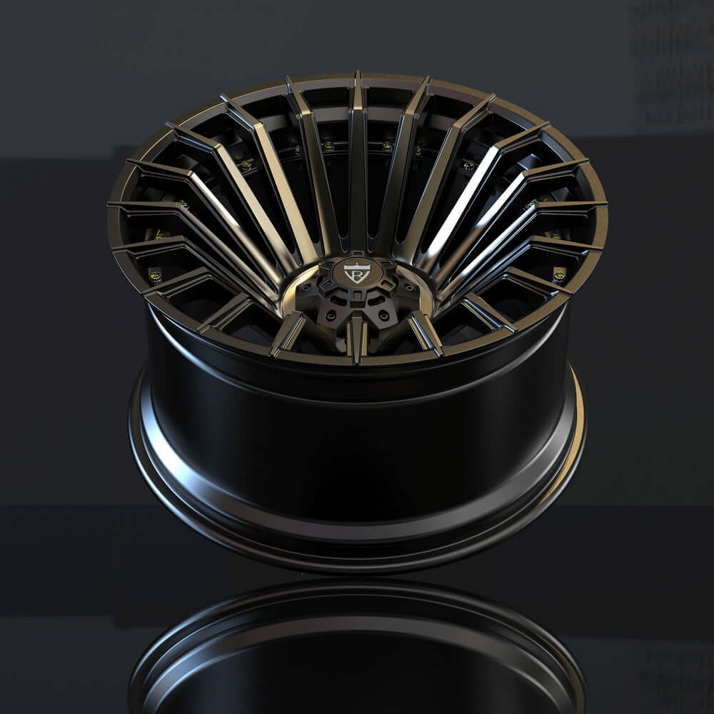Custom RT-02 super concave forged monoblock truck wheel in black finish, 20-inch rim for pickups, aerospace-grade aluminum.
