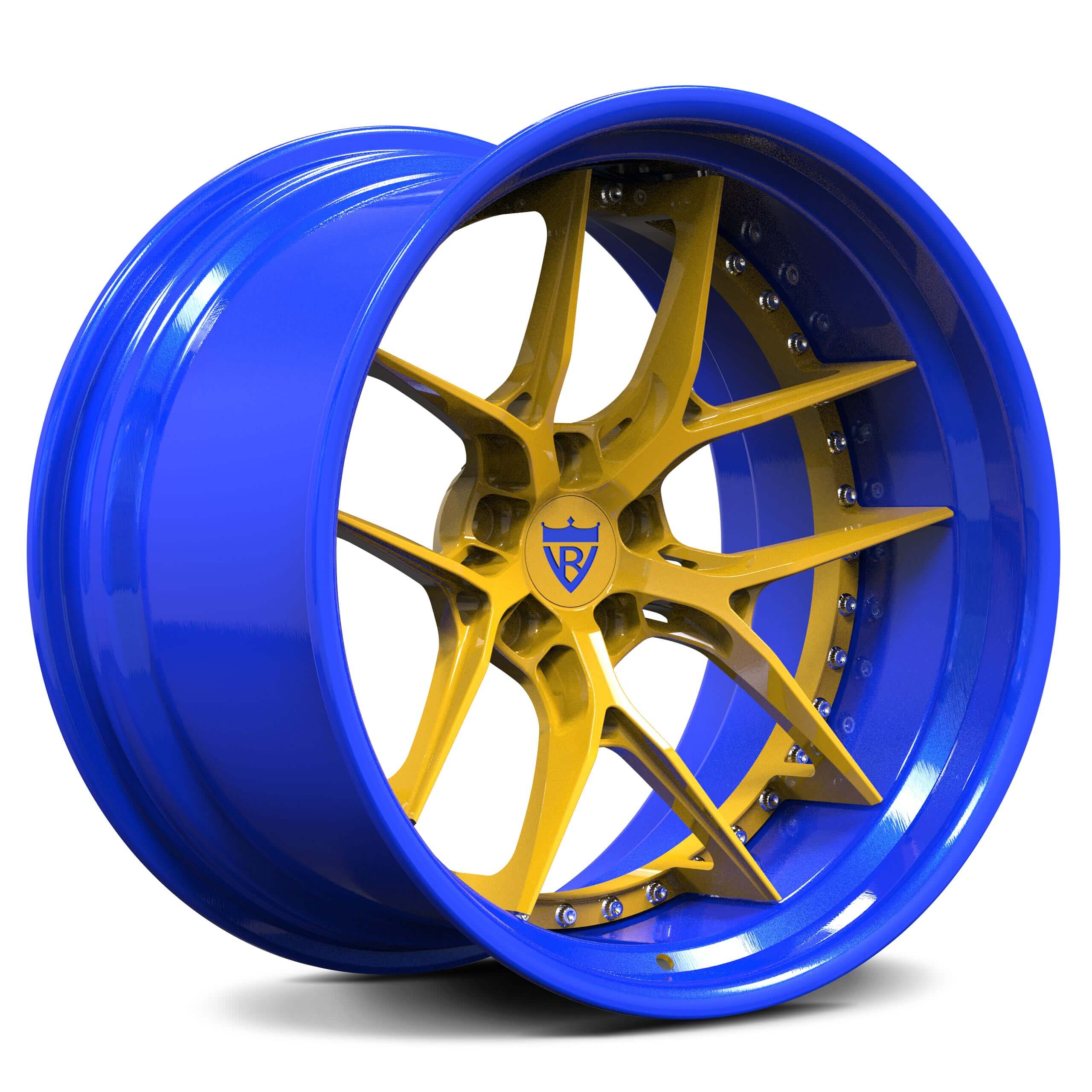 Yellow and blue wheels-deep dish custom forged 2-piece rims-RVRN Forged