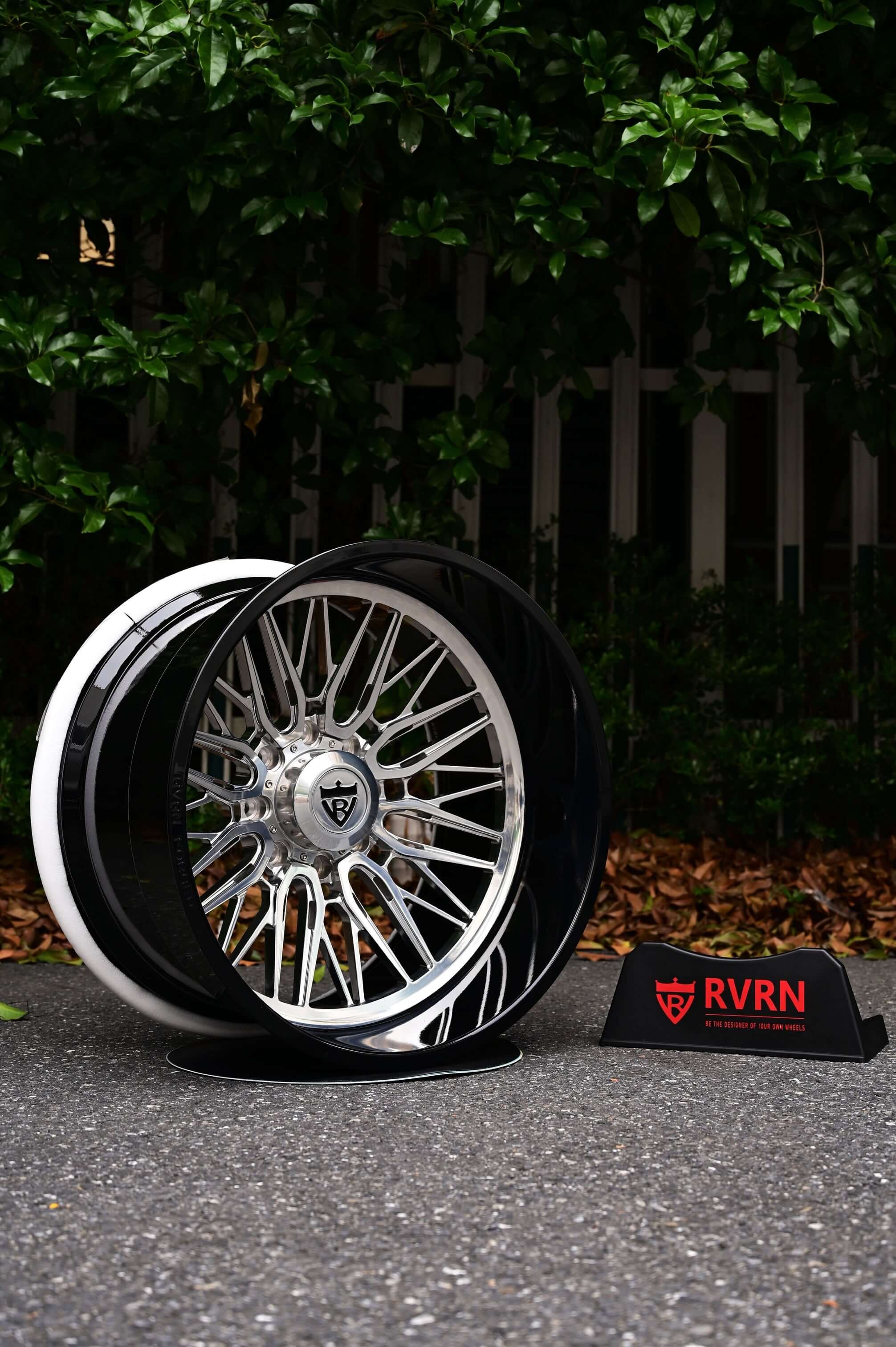 GMC Sierra custom 24-inch deep lip rims displayed with RVRN branding, showcasing stylish design for GMC truck enthusiasts.