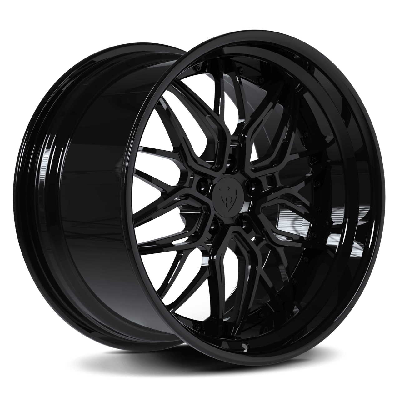 Custom forged black RV-T081 step lip wheel for Dodge Challenger Hellcat by RVRN Wheels, machined from aerospace-grade 6061-T6 aluminum.