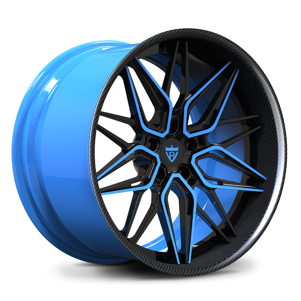 Custom forged deep dish wheel in blue and black, ideal for Corvette C8 and Z06 applications, featuring a unique design.