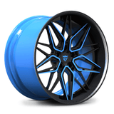 Custom forged deep dish wheel in blue and black, ideal for Corvette C8 and Z06 applications, featuring a unique design.