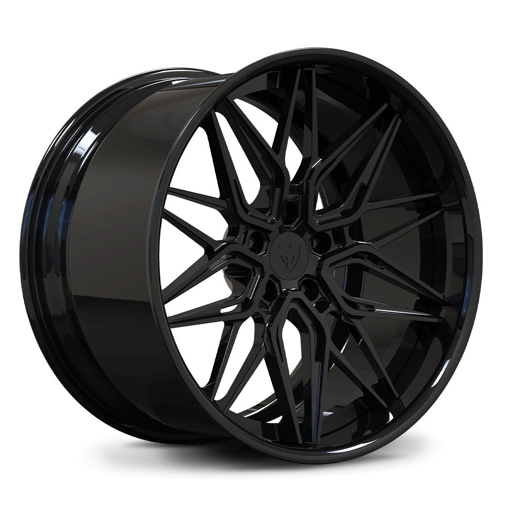Custom forged 2-piece deep dish wheel in sleek black finish, designed for Corvette C8 and Z06 models.