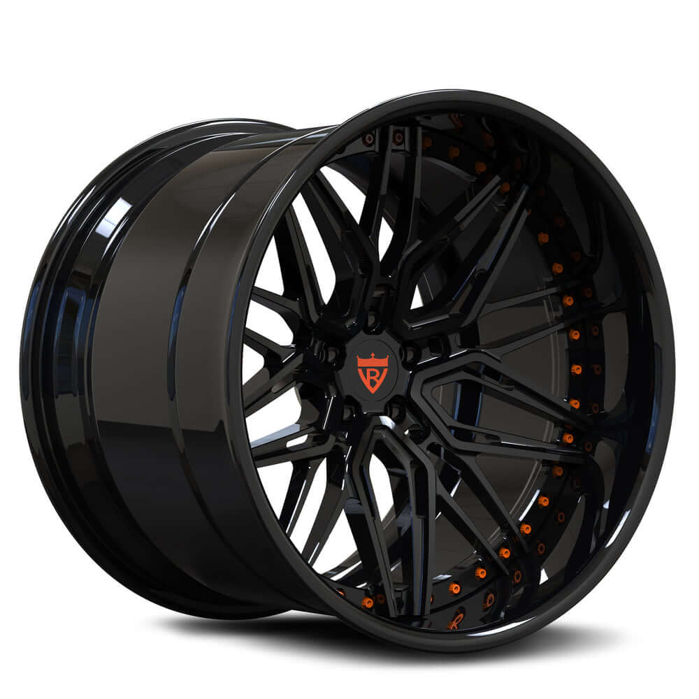 hellcat challenger forged black and orange wheels, RVRN RV-T081 custom forged 2-piece deep dish rims series