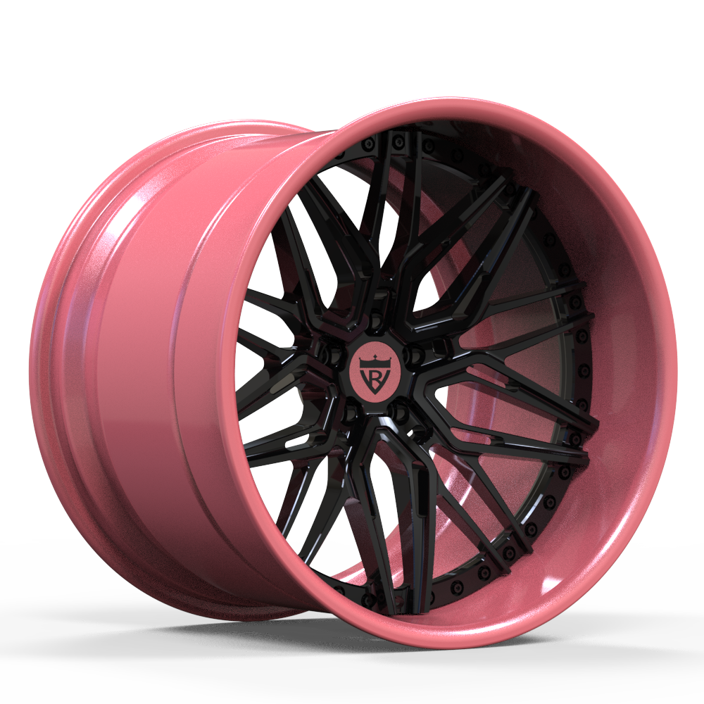 Custom deep dish RV-T081 pink and black forged wheel showcasing a stylish design for high-performance vehicles.