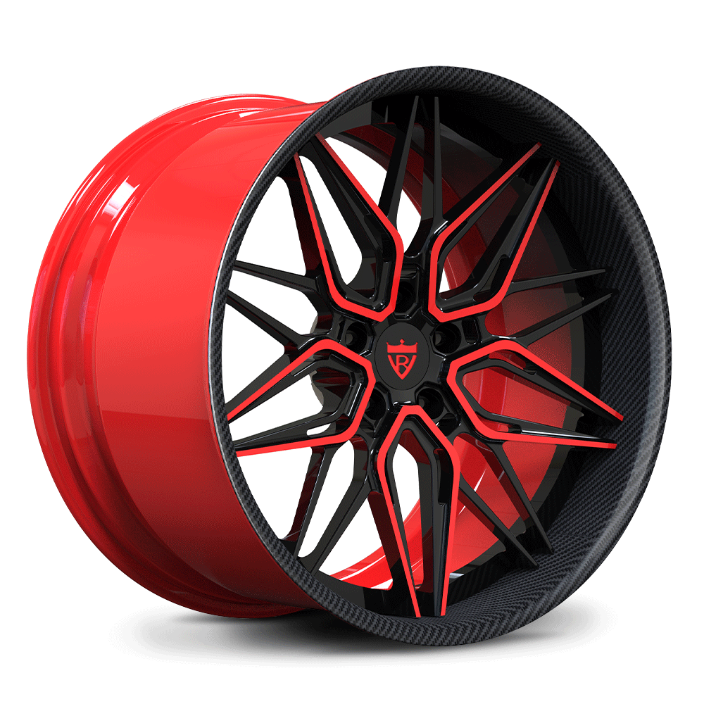 Custom forged 2-piece deep dish wheel in red and black with unique spokes designed for high-performance vehicles.