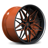 Custom forged deep dish wheel with orange finish and black accents, designed for Corvette C8 and Z06 applications.