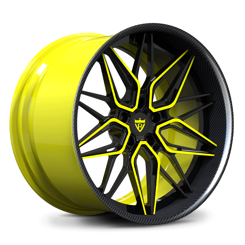 Custom forged deep dish wheels with yellow finish and black accents, featuring a unique design for high-performance vehicles.