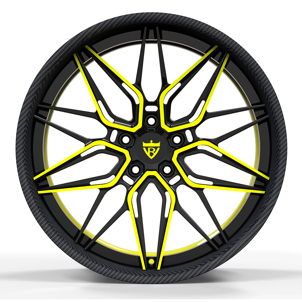Custom forged 2-piece deep dish wheel featuring a black and yellow design, perfect for Corvette C8 applications.