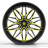 Custom forged 2-piece deep dish wheel featuring a black and yellow design, perfect for Corvette C8 applications.