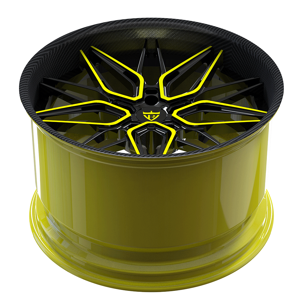 Custom forged 2-piece deep dish wheel in vibrant yellow and black, featuring a unique spoke design for Corvette C8 models.