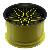 Custom forged 2-piece deep dish wheel in vibrant yellow and black, featuring a unique spoke design for Corvette C8 models.