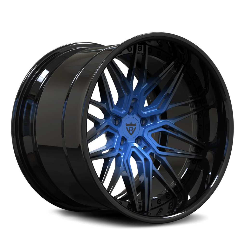 Custom forged deep dish blue wheel RV-T081 with a vibrant blue finish and sleek black detailing.
