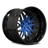 Custom forged deep dish blue wheel RV-T081 with a vibrant blue finish and sleek black detailing.