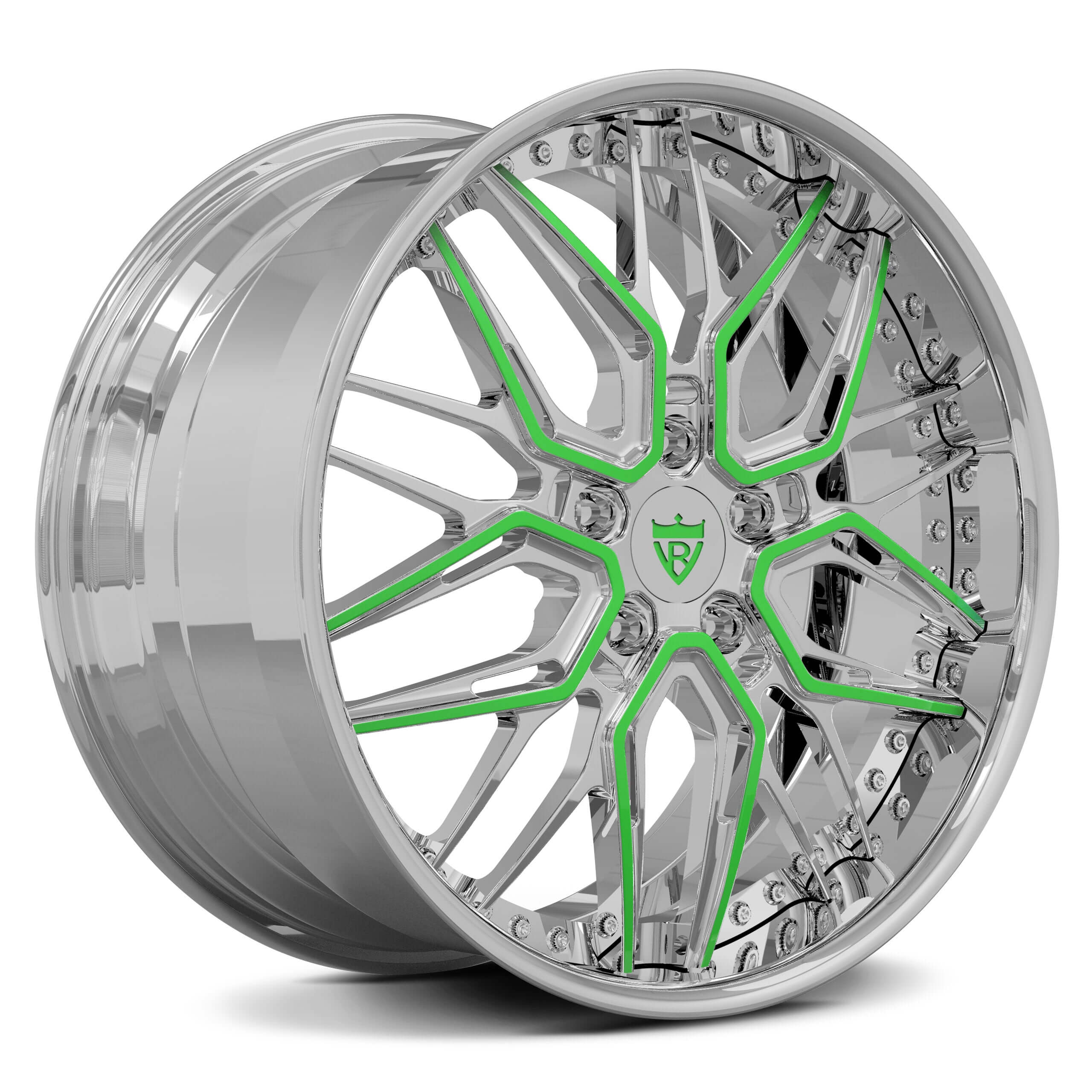 T081-Chevrolet Corvette C1-C8 Wheels&Rims-Deep dish custom forged aftermarket-green and chrome rims