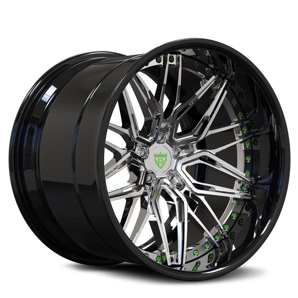Custom forged black and chrome Jeep Wrangler wheels with deep dish styling.