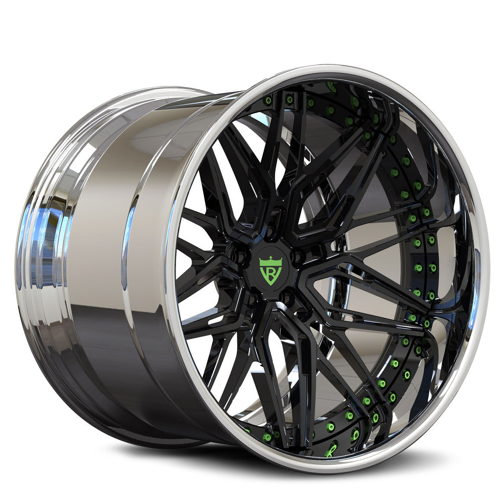 Side view of custom 2-piece black and chrome with green screws Jeep Wrangler wheel for an enhanced off-road appearance.