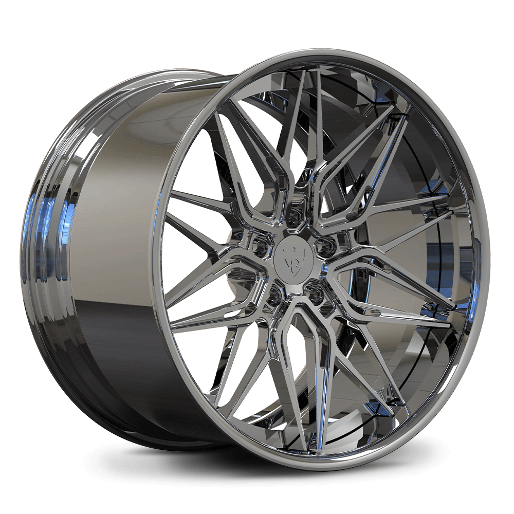 Custom forged 2-piece deep dish wheel design, perfect for Corvette C8 and Z06, featuring a sleek chrome finish.