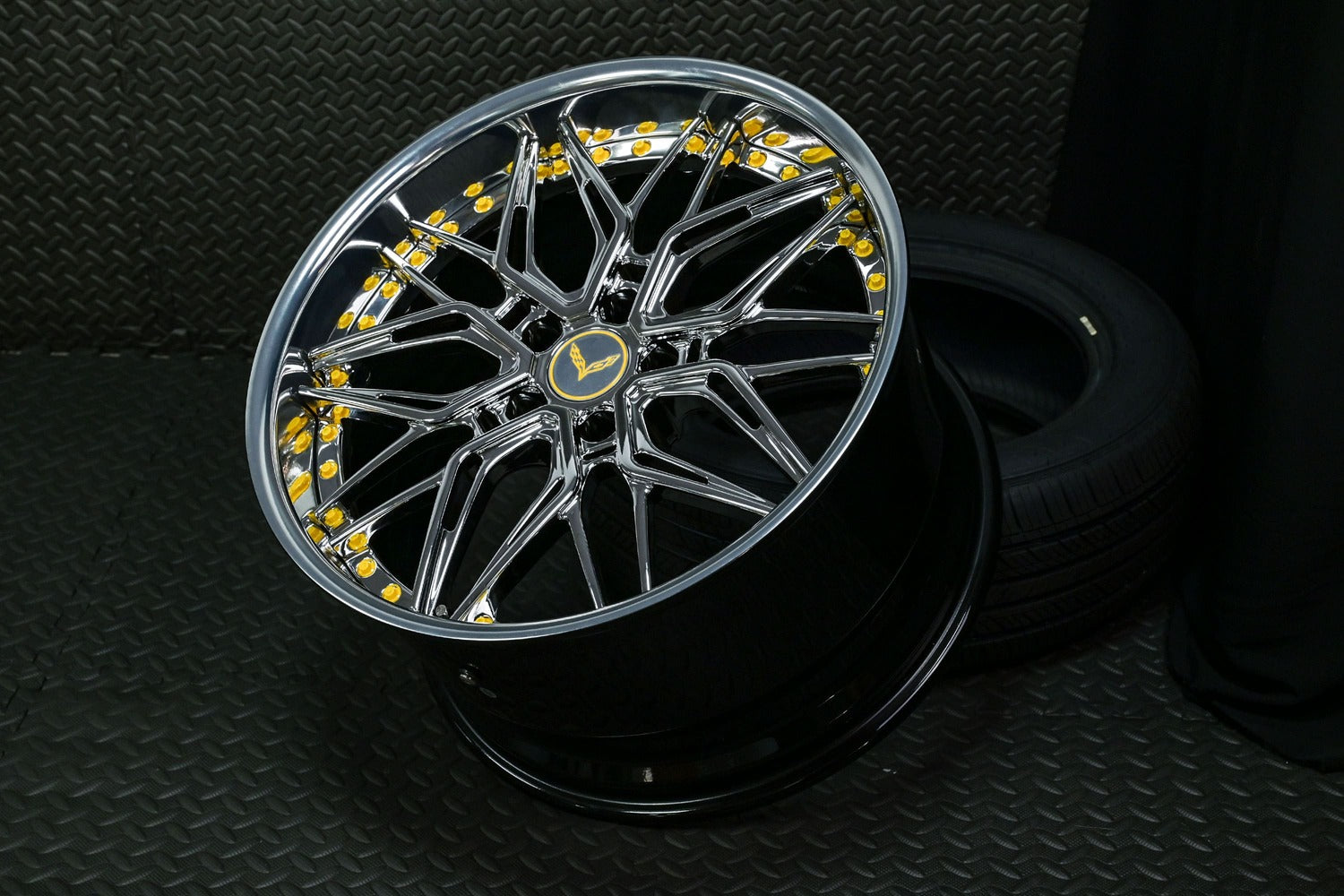 Chrome Corvette deep dish wheel, perfect for Corvette C7, featuring stylish design and high-quality craftsmanship.