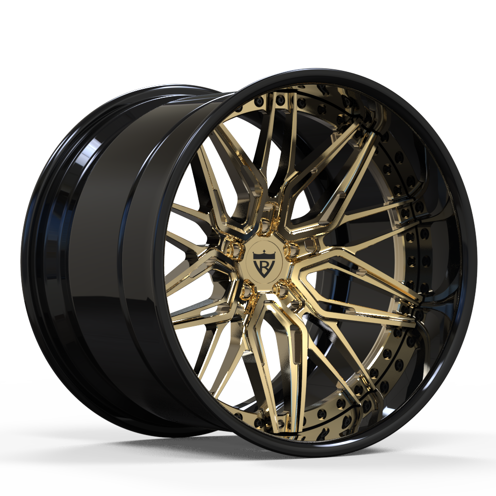 View of RVRN 3-piece forged gold wheels for a sports car on a race track