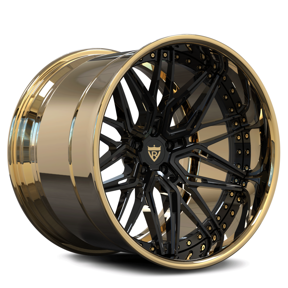 Top-down view of RVRN 3-piece forged gold wheels RV-T081 series for luxury car