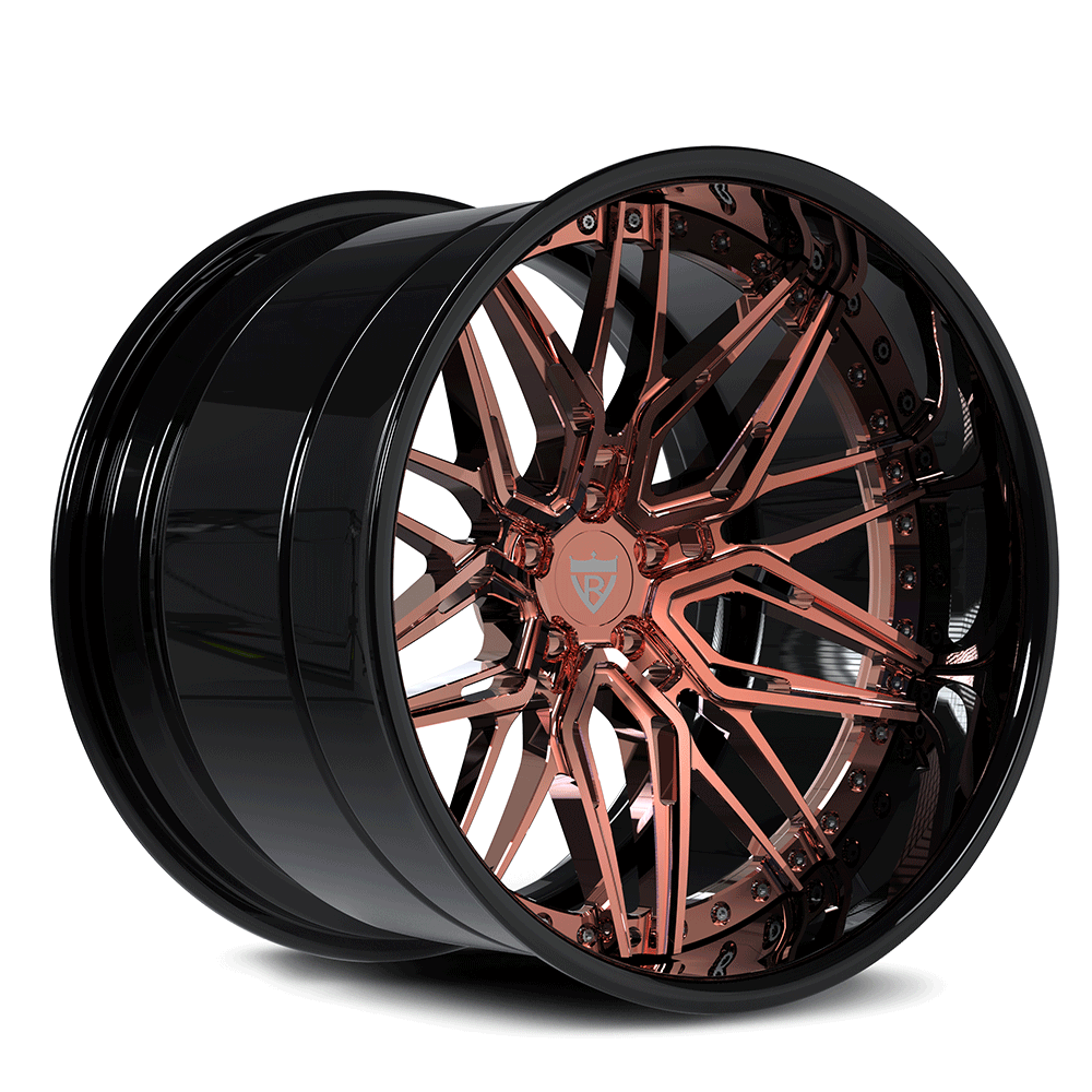 Custom deep dish RV-T081 rose gold forged wheel with a sleek black finish. Perfect for all vehicles.
