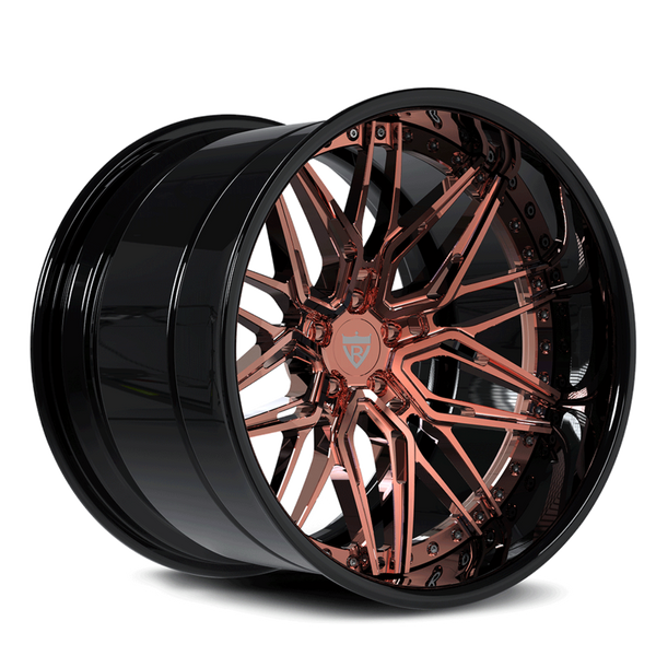 Custom deep dish RV-T081 rose gold forged wheel with a sleek black finish. Perfect for all vehicles.