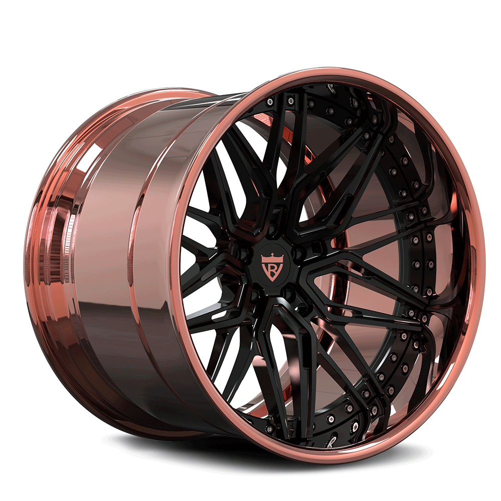 Custom deep dish forged 2-piece rose gold and black wheel with intricate design and modern finish.