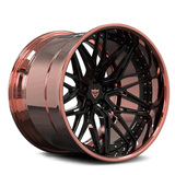 Custom deep dish forged 2-piece rose gold and black wheel with intricate design and modern finish.