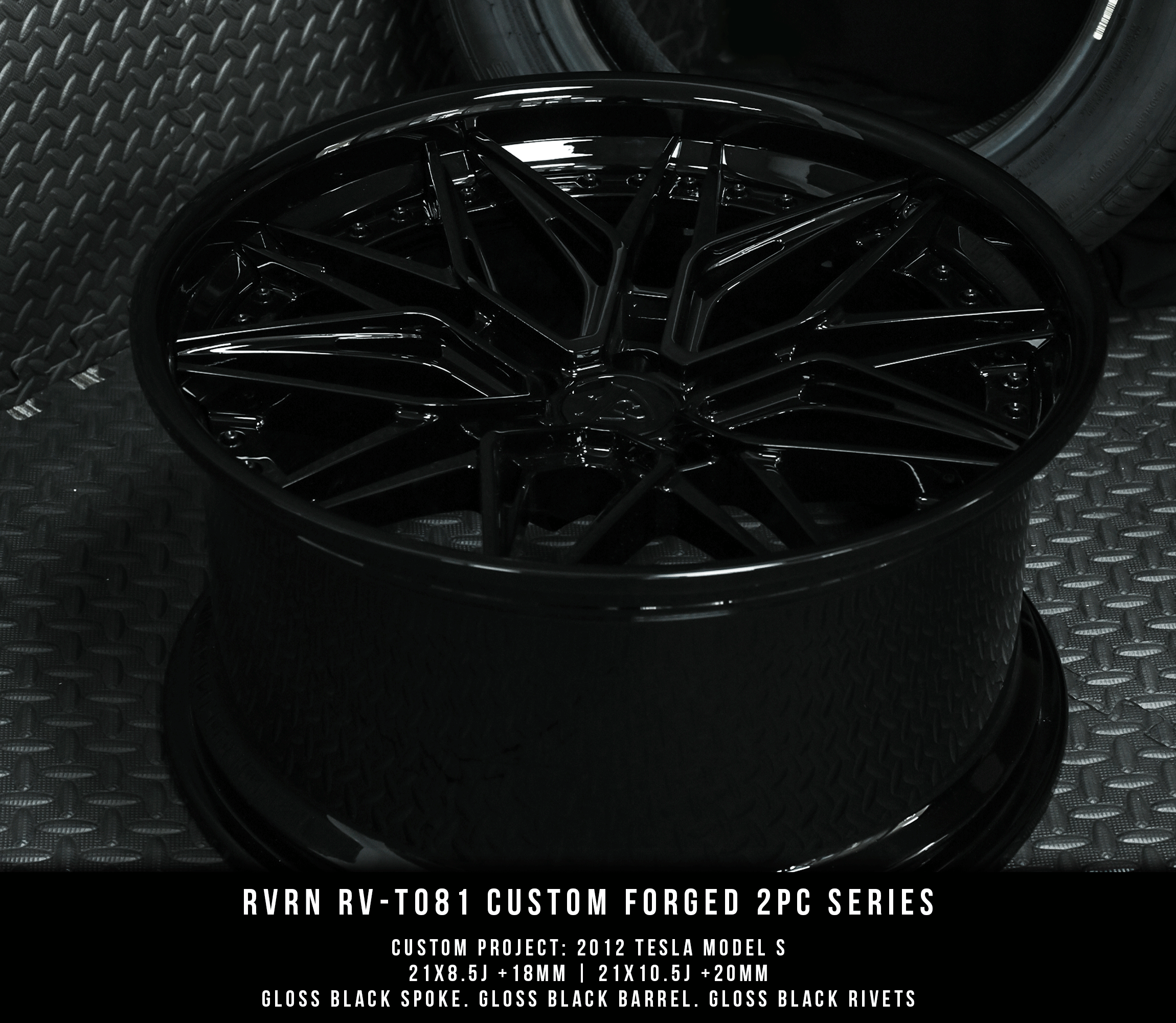Custom forged black RV-T081 step lip wheel for Dodge Challenger Hellcat by RVRN Wheels, machined from aerospace-grade 6061-T6 aluminum.
