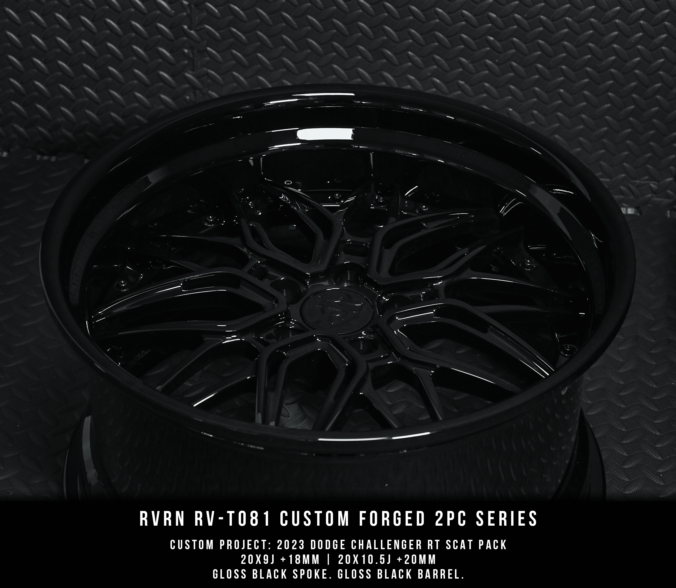 Custom forged black RV-T081 step lip wheel for Dodge Challenger Hellcat by RVRN Wheels, machined from aerospace-grade 6061-T6 aluminum.