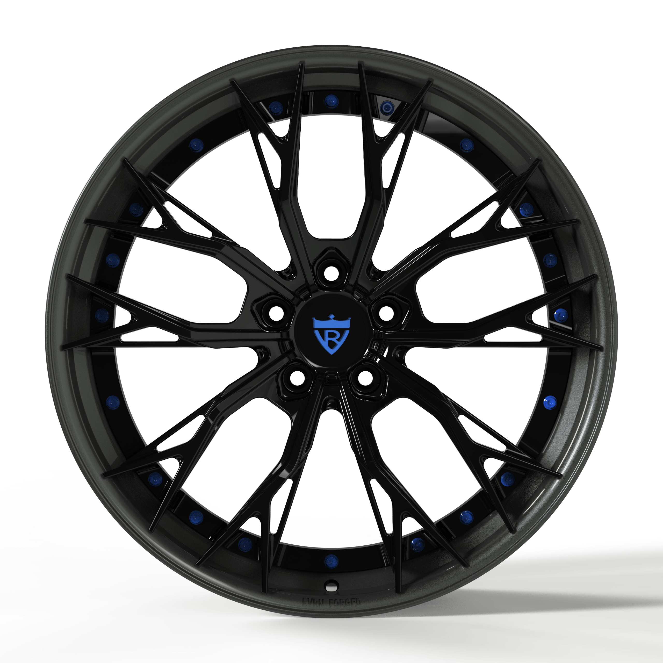 Custom forged RV-DC04 wheel with black finish and blue accents, perfect for Corvette C8 and other vehicles.