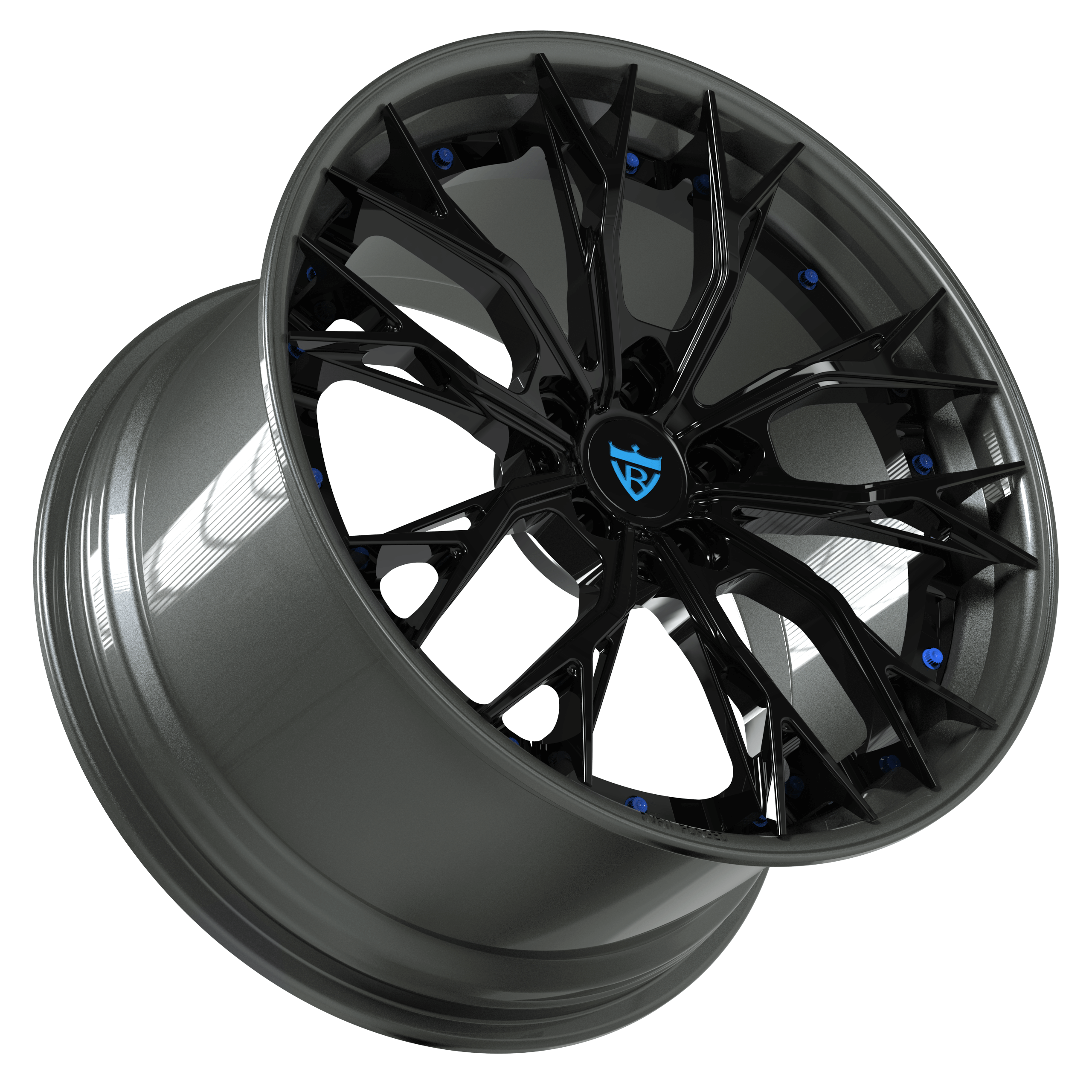 Custom forged RV-DC04 wheel with sleek black finish and blue accents, designed for Corvette C8 and other vehicles.