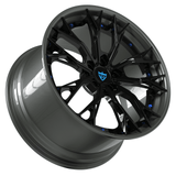 Custom forged RV-DC04 wheel with sleek black finish and blue accents, designed for Corvette C8 and other vehicles.