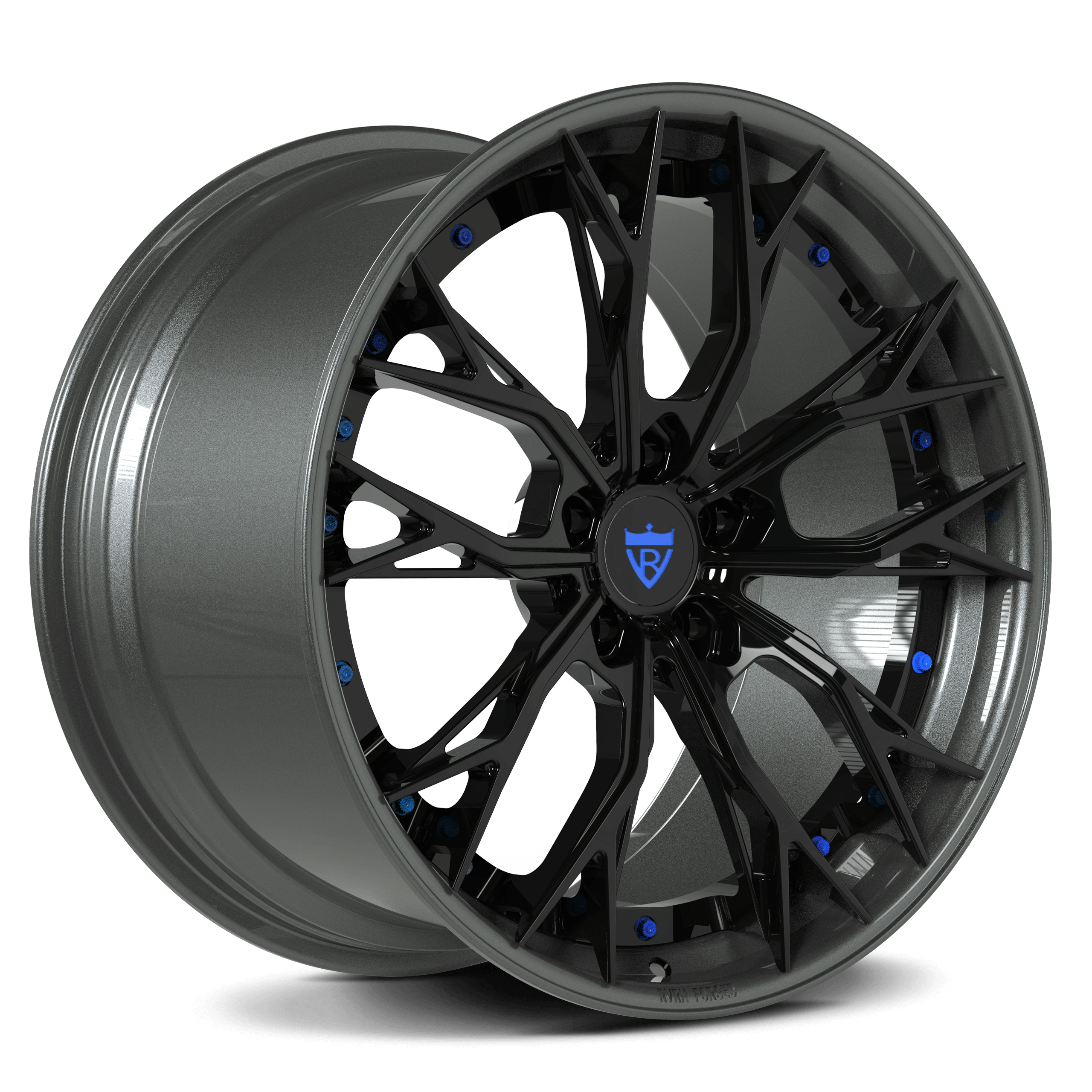 Custom forged wheel RV-DC04 in gray and black with blue accents, ideal for Corvette C8 and other vehicles.