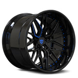 Custom forged blue deep dish 2-piece rims, RV-T081, featuring black finish and blue accents for a bold style.