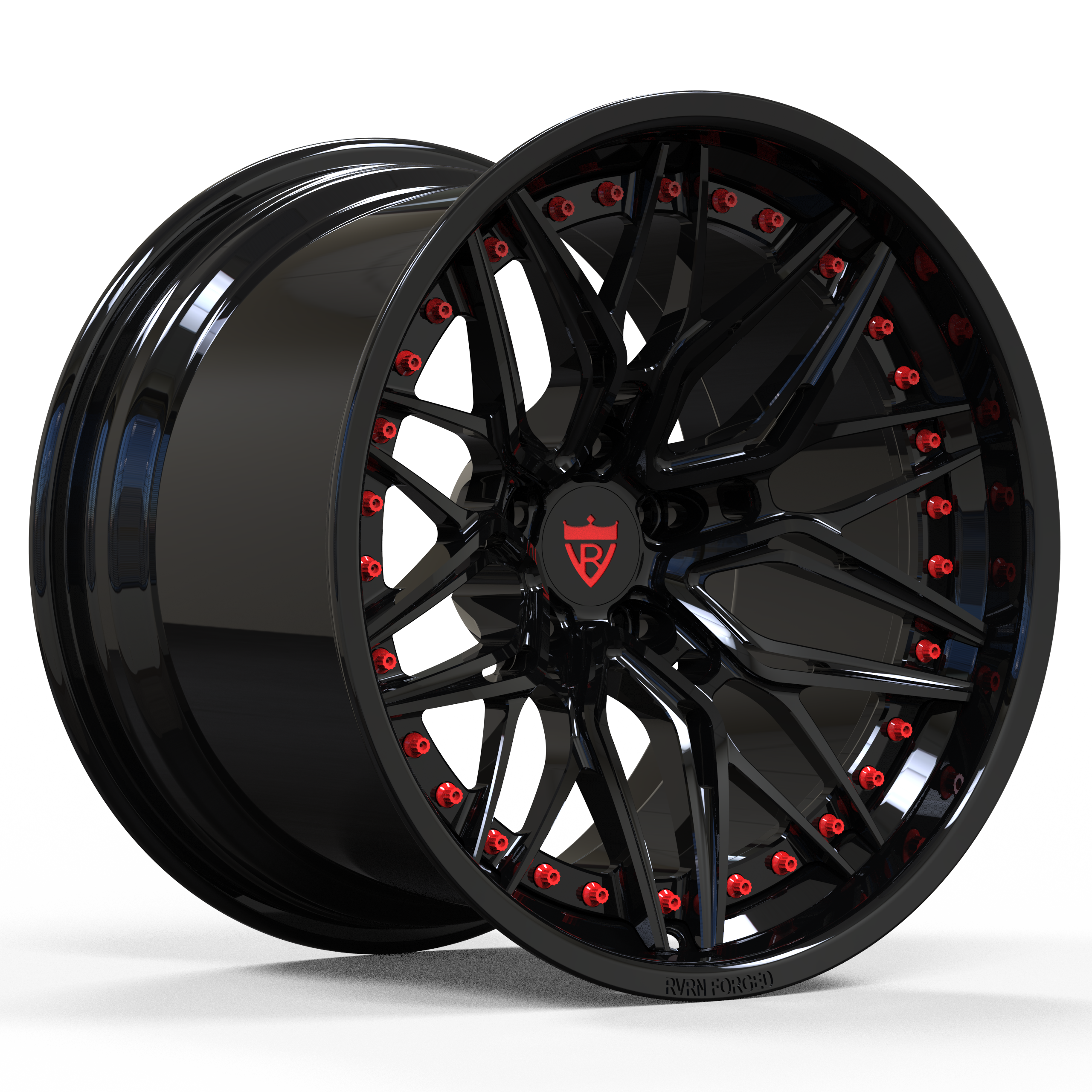 Custom forged concave Corvette C8 wheels in glossy black with red accents for enhanced style and performance.