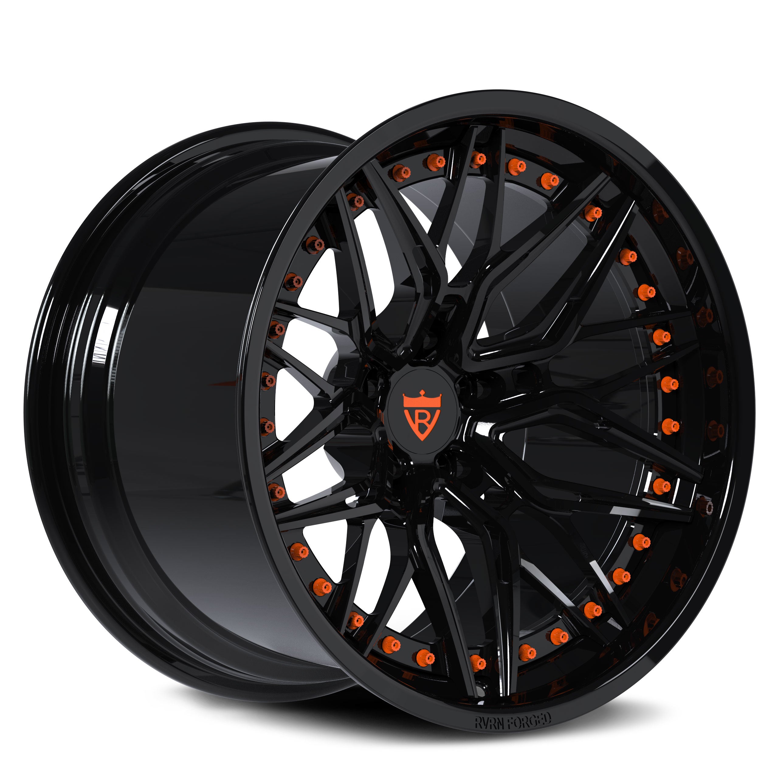 Custom forged concave Corvette wheels in black with orange accents, designed for C8 aftermarket applications.