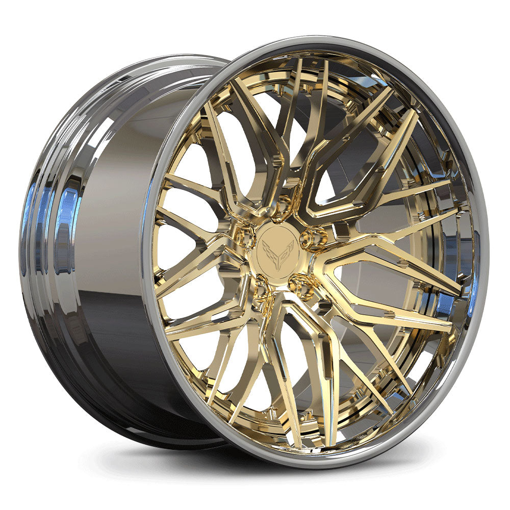 Custom forged concave Corvette C8 wheel in gold finish, showcasing intricate design and premium craftsmanship.