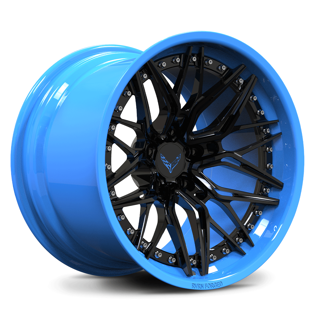 Custom forged concave Corvette C8 wheels in blue and black finish, ideal for performance and style.