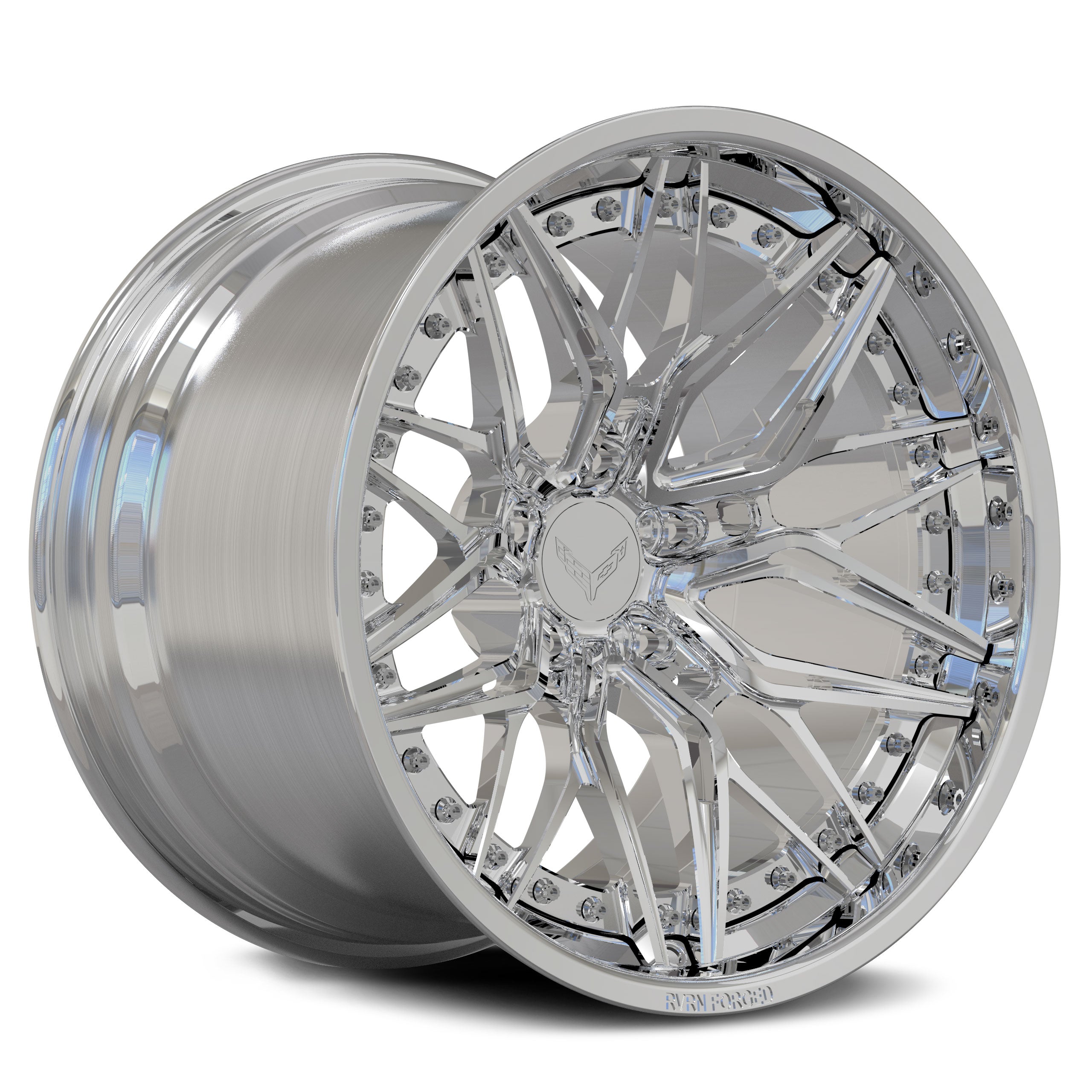Custom forged 2-piece concave Corvette C8 wheel, showcasing a sleek chrome finish and intricate design.