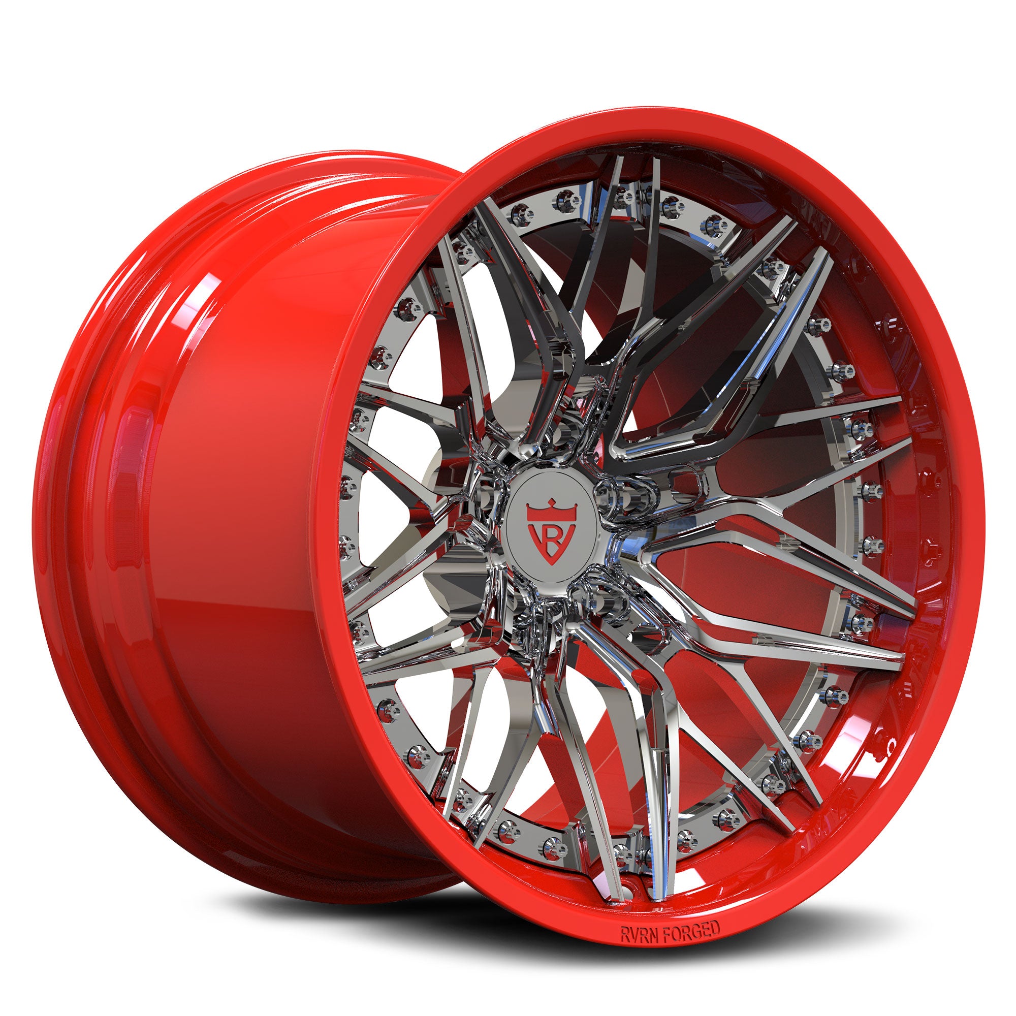 Custom forged red concave wheel with chrome accents, designed for Corvette C8 aftermarket applications.