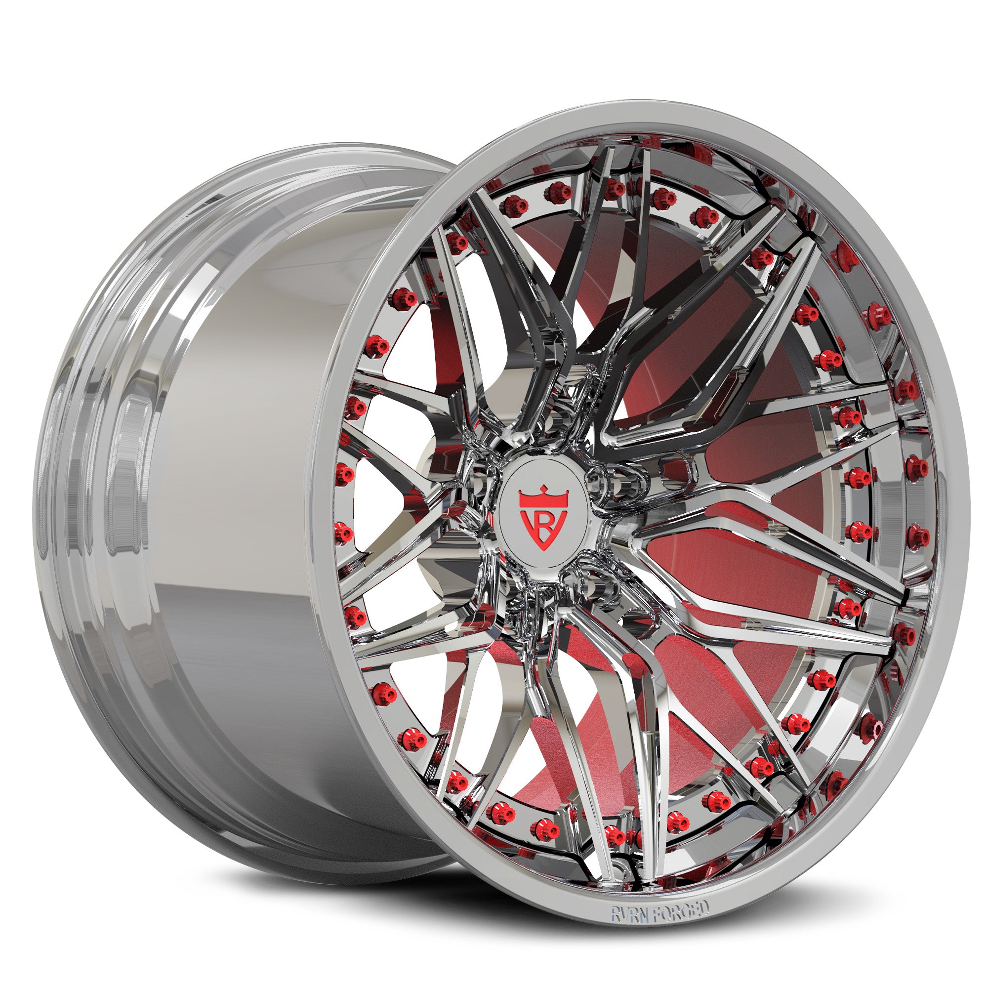 Custom forged concave Corvette C8 wheels featuring chrome finish and red accents for maximum style and performance.