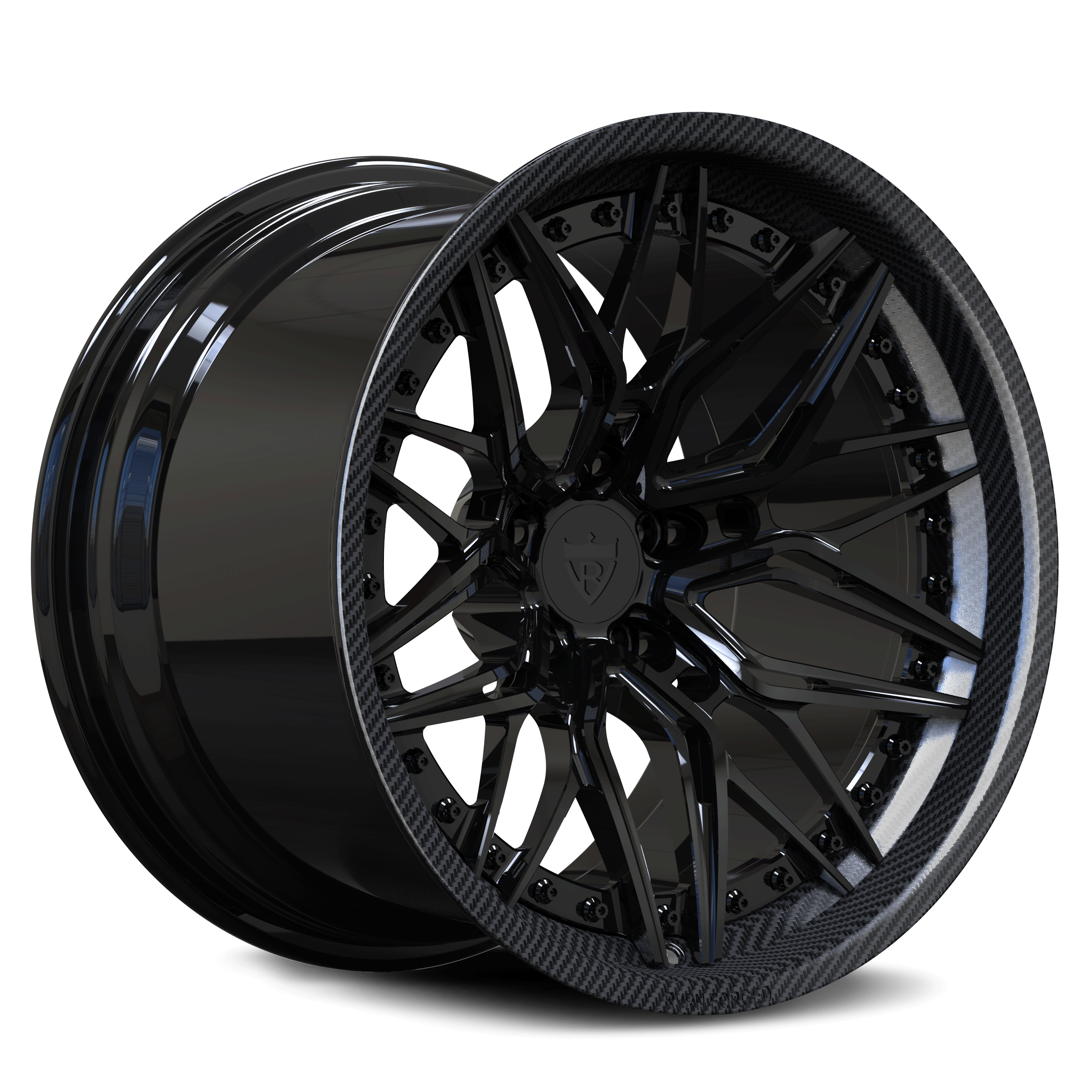 Custom forged concave carbon fiber wheel design, showcasing a sleek black finish and intricate detailing for style and performance.