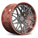 Custom forged 2-piece rose gold wheel designed for Toyota Supra A90 with intricate spokes and chrome accents.