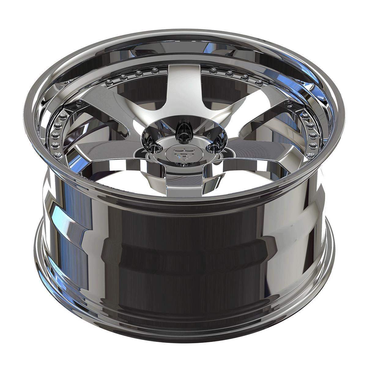 Polished Chrome forged 2-piece wheel angled view, showcasing RVRN’s premium step lip finish.