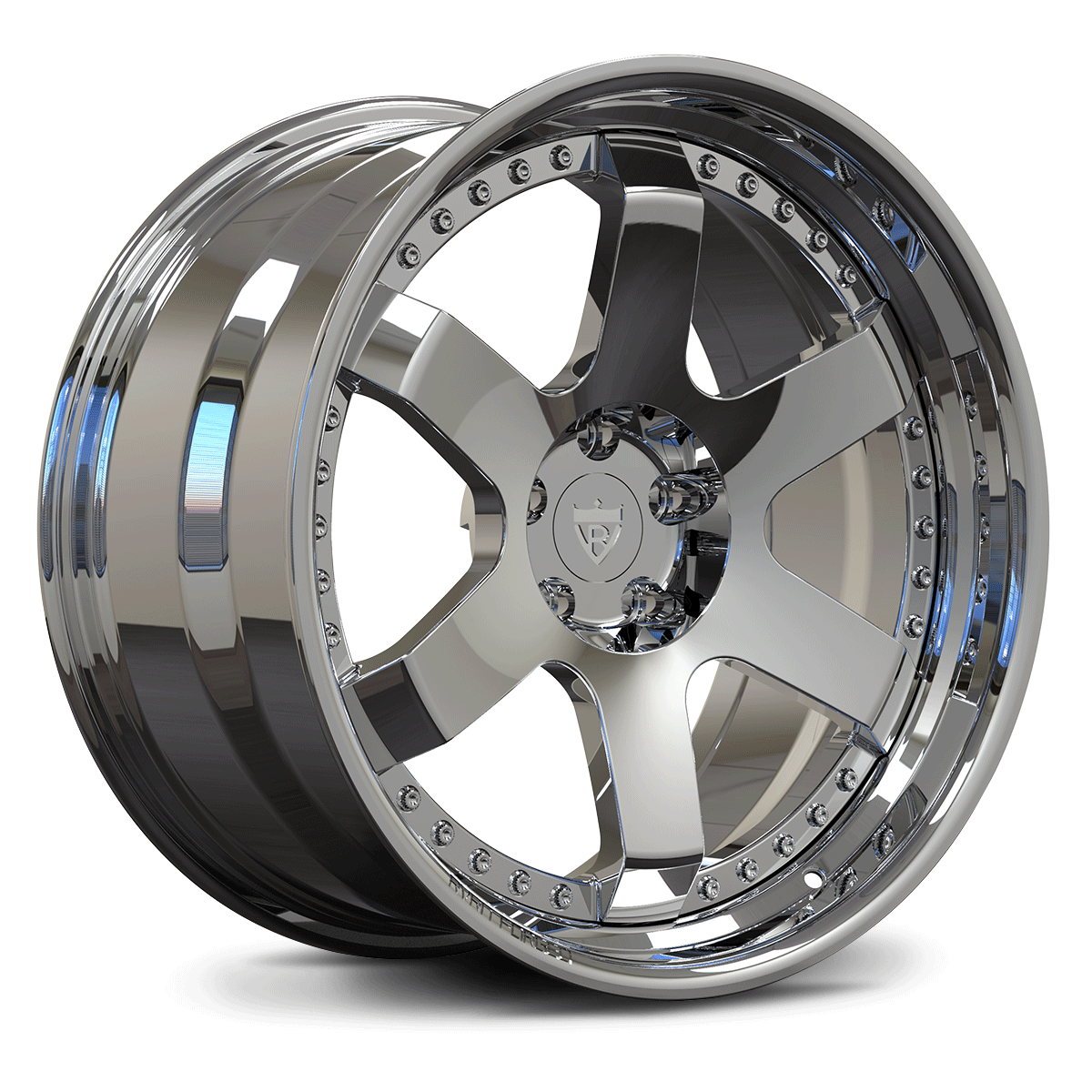 Chrome step lip forged wheel side profile – RVRN 2-piece forged design with gold rivets.