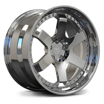 Chrome step lip forged wheel side profile – RVRN 2-piece forged design with gold rivets.