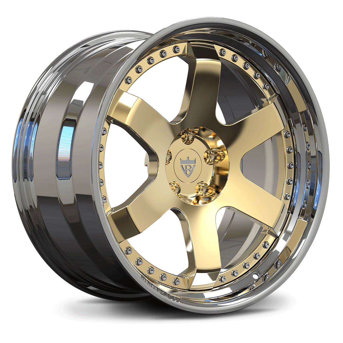 Chrome and Polished Frozen Gold forged 2-piece wheels, RVRN RV-DS01 step lip deep dish design.