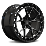 Custom forged monoblock wheel for Corvette C8, featuring sleek black finish and intricate design for high performance.